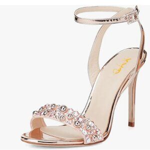 XYD Pink Rose Metallic Stones Studded Open Toe Slingback Stiletto Heels Sandals